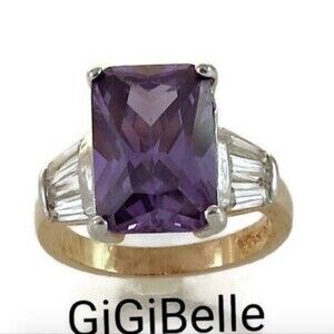 Art Deco Cocktail Ring Purple  Amethyst Cubic Zirconia Gold Size 10